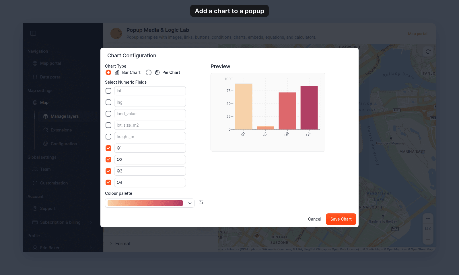 Chart Configuration modal: Chart Type set to Bar Chart, four fields ticked and labelled Q1 to Q4 under Select Numeric Fields, a Colour palette list, and a Preview bar chart with four bars