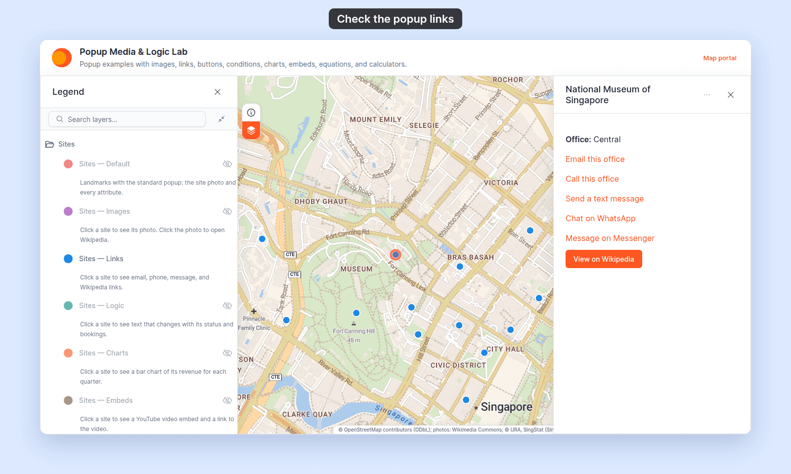 Map viewer with the Sites — Links popup open on National Museum of Singapore: Office: Central, the links Email this office, Call this office, Send a text message, Chat on WhatsApp, and Message on Messenger, and a View on Wikipedia button