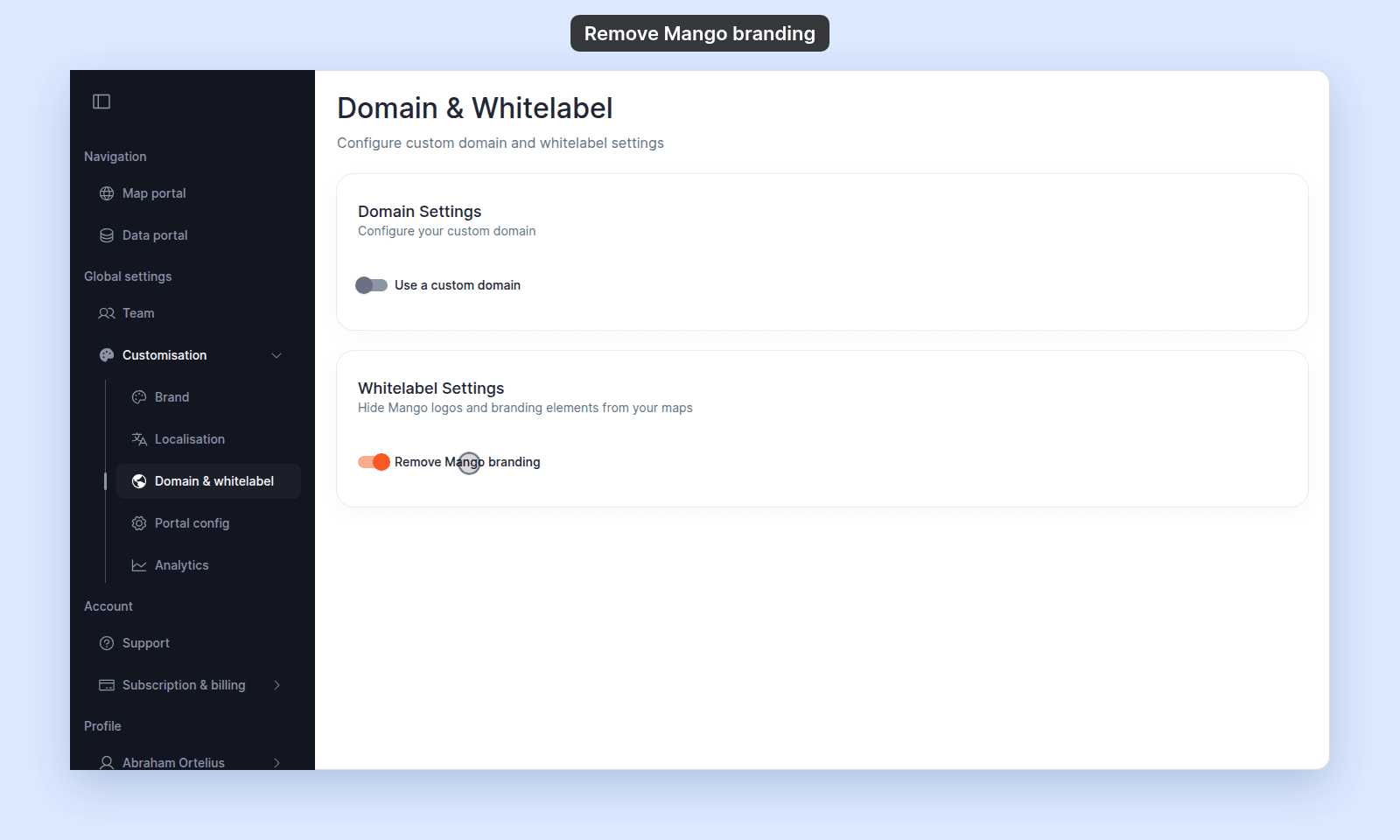 Domain & Whitelabel page with Domain & whitelabel selected under Customisation. The Whitelabel Settings card, subtitled Hide Mango logos and branding elements from your maps, has the Remove Mango branding toggle on