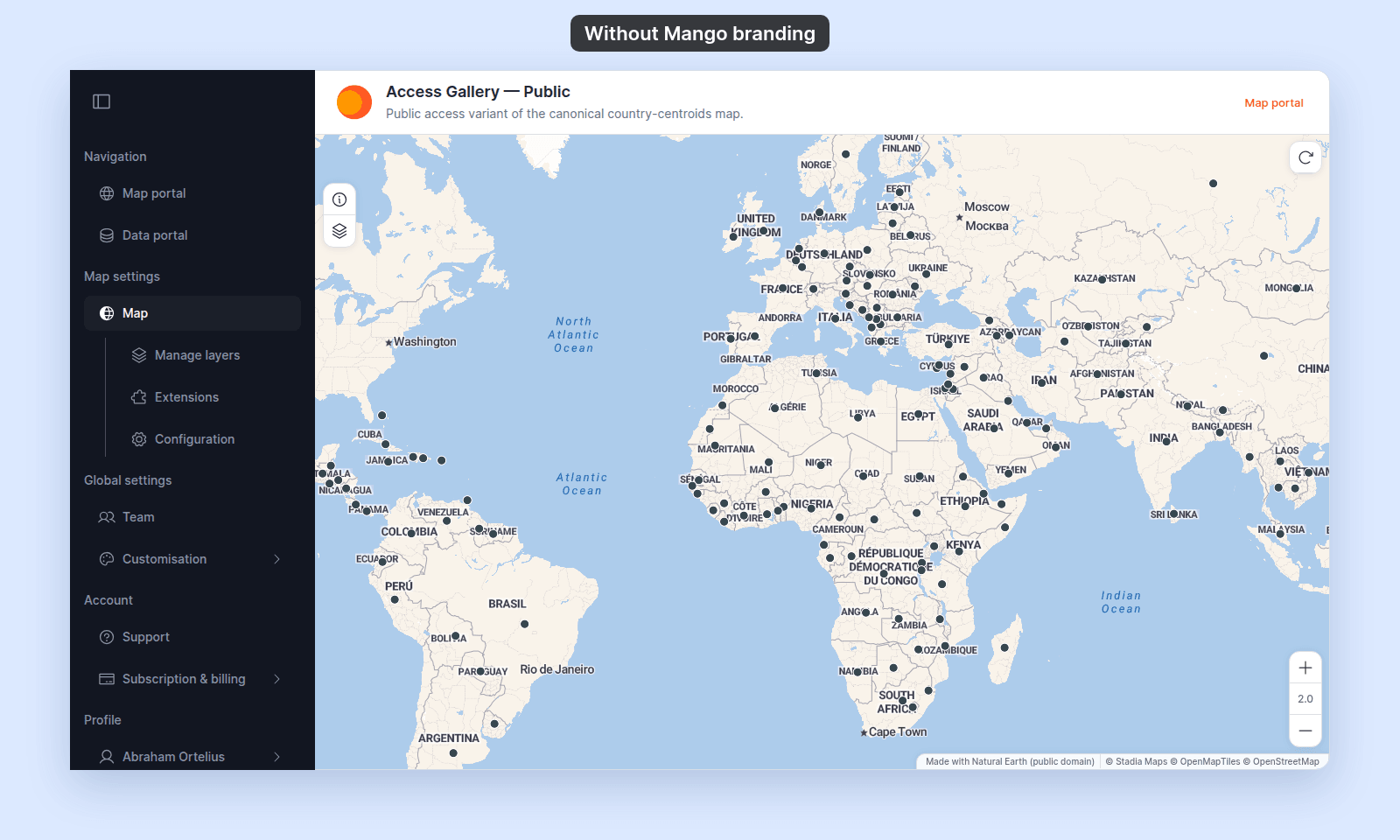 The same Access Gallery — Public map with no Mango logo at the top of the admin sidebar and no Mango badge on the map. The account's own logo stays in the map header