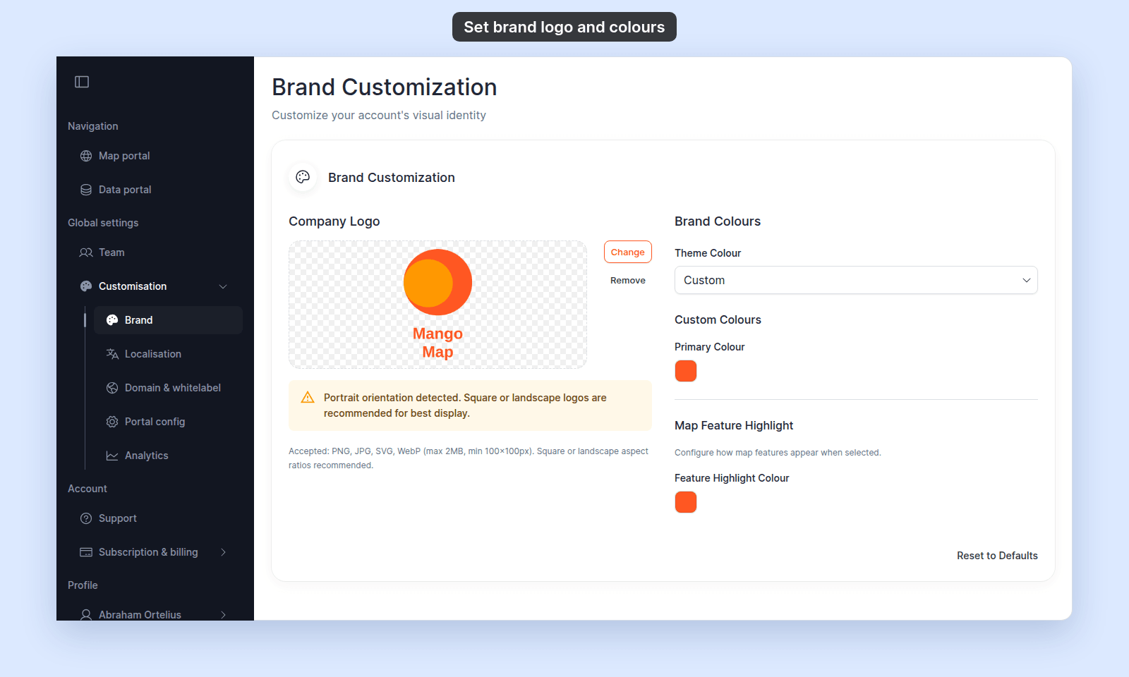 Company Logo with a tall logo in the preview, Change and Remove beside it, and the warning Portrait orientation detected. Square or landscape logos are recommended for best display.