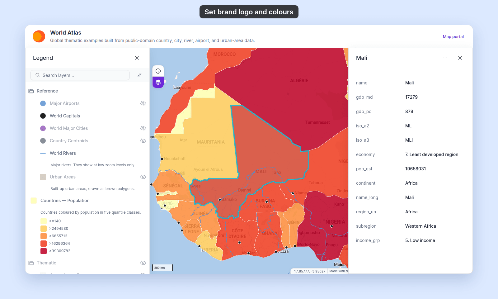 World Atlas map with the legend open and Mali selected. Mali has a cyan outline and tint in the feature highlight colour, and its popup is open on the right. The active legend button and the Map portal link are violet in the primary colour