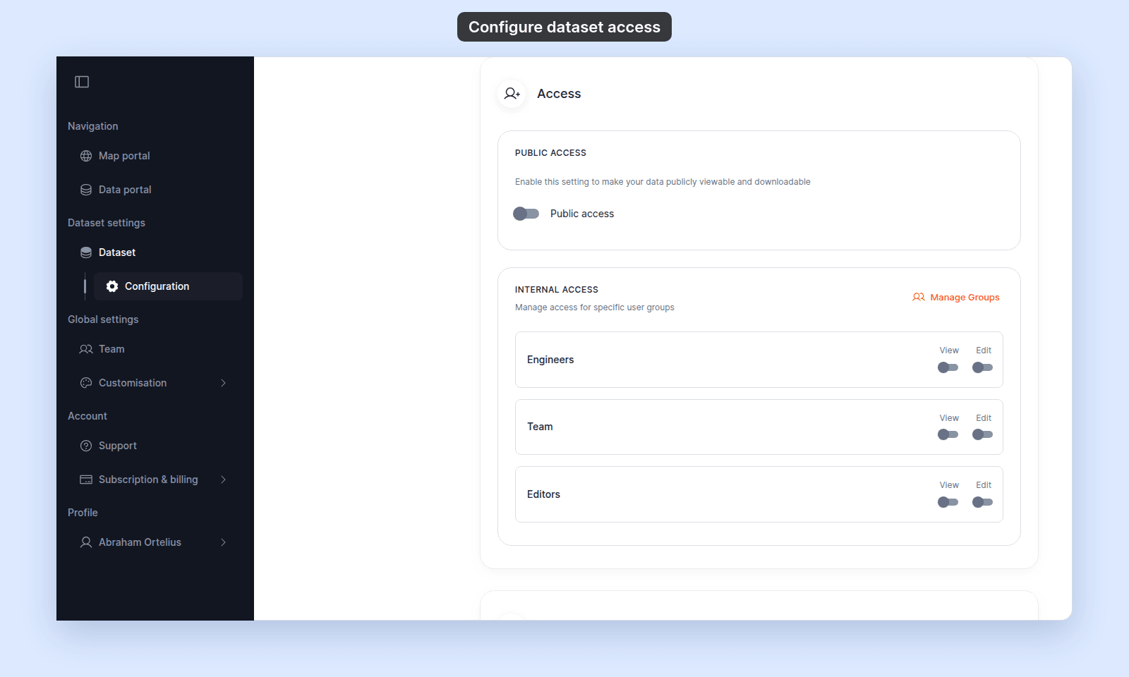 Access section of a private dataset. Internal Access lists Engineers, Team, and Editors, each with View and Edit switches off, and Manage Groups at the top right