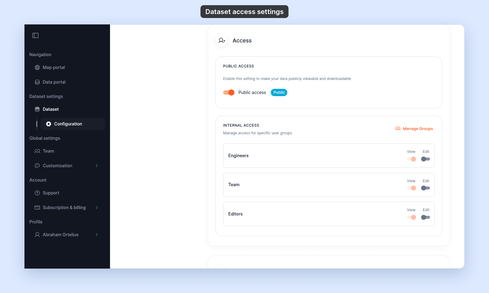 Access section of a public dataset: Public access on with the Public chip, and each group (Engineers, Team, Editors) with View on and greyed out and Edit off