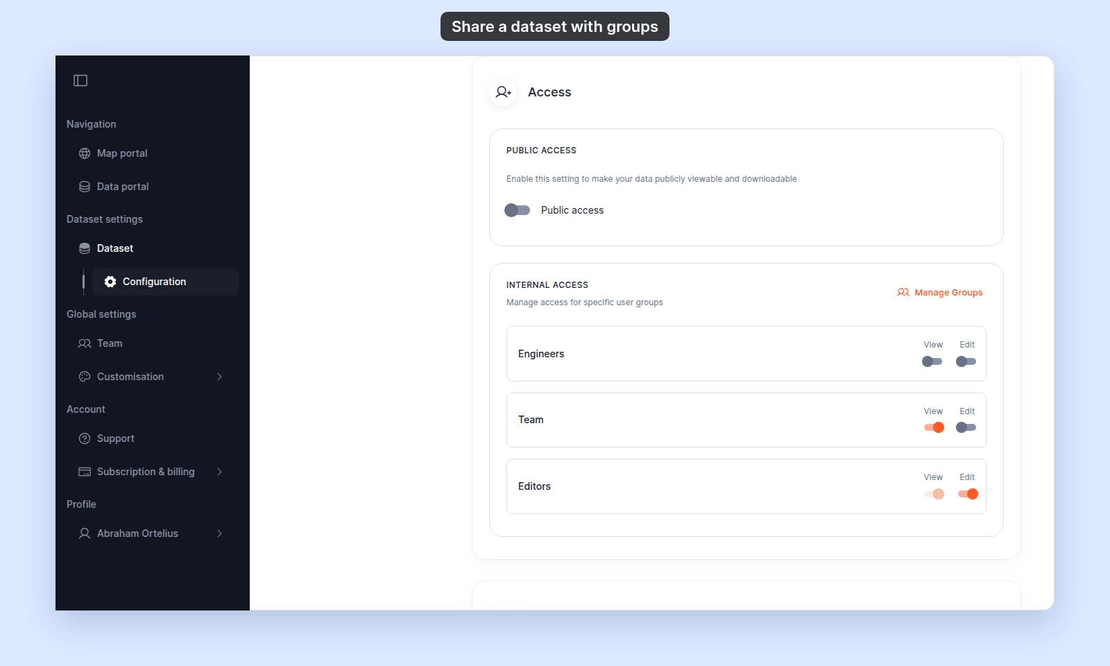 Access section of the Access Demo — Shared with Groups dataset: Public access off; in Internal Access, Engineers has View and Edit off, Team has View on, and Editors has Edit on with View on and greyed out