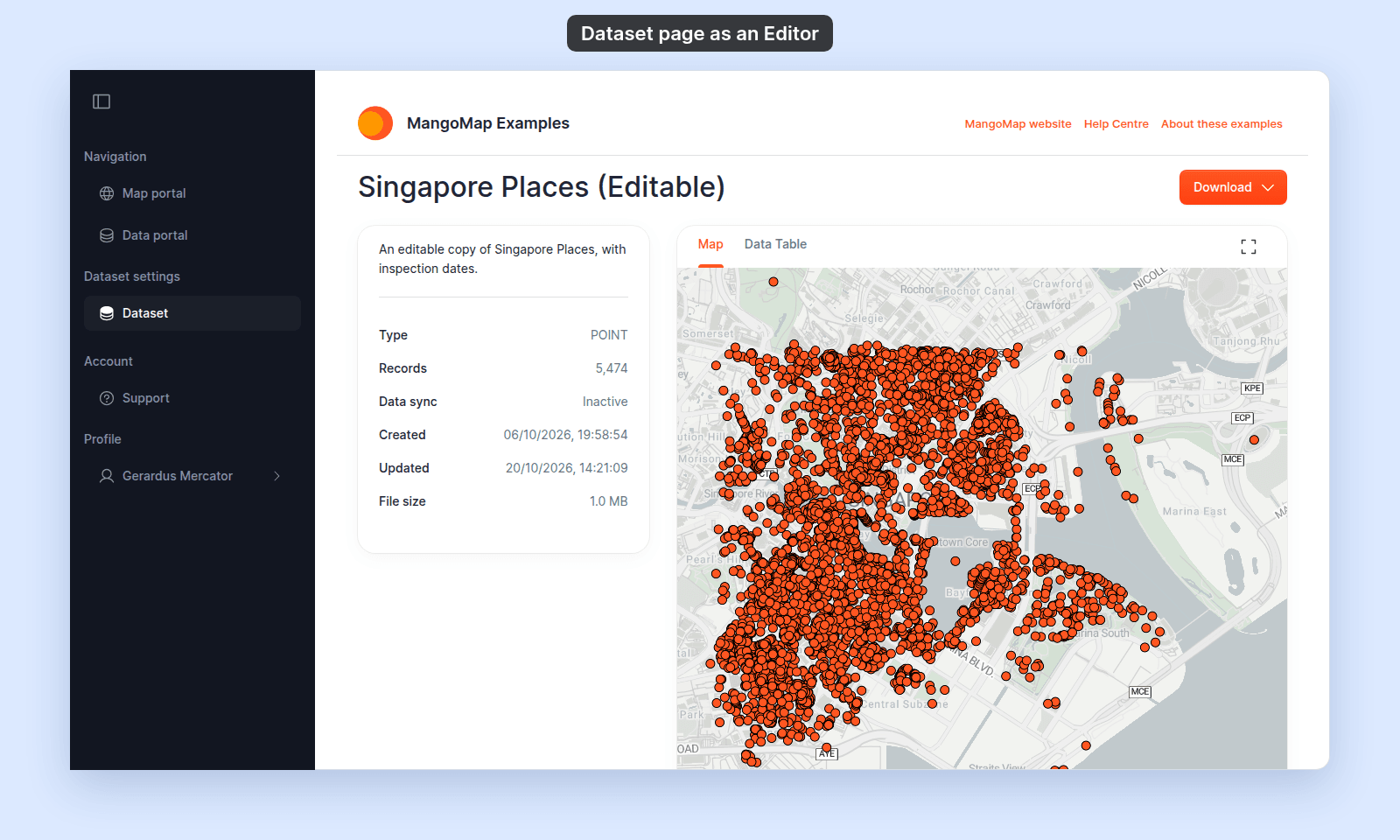 Dataset page for Singapore Places (Editable) signed in as Gerardus Mercator, an Editor: the sidebar shows Dataset with no Configuration item, and the page header has only Download