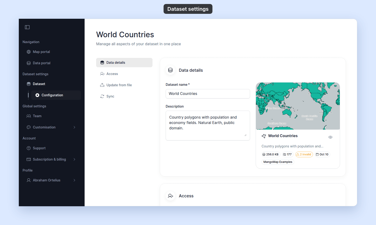 Data details of the World Countries dataset: Dataset name and Description fields, and the preview card with the map thumbnail, 256.0 KB, 177 records, a 2 invalid warning chip, Oct 10, and MangoMap Examples