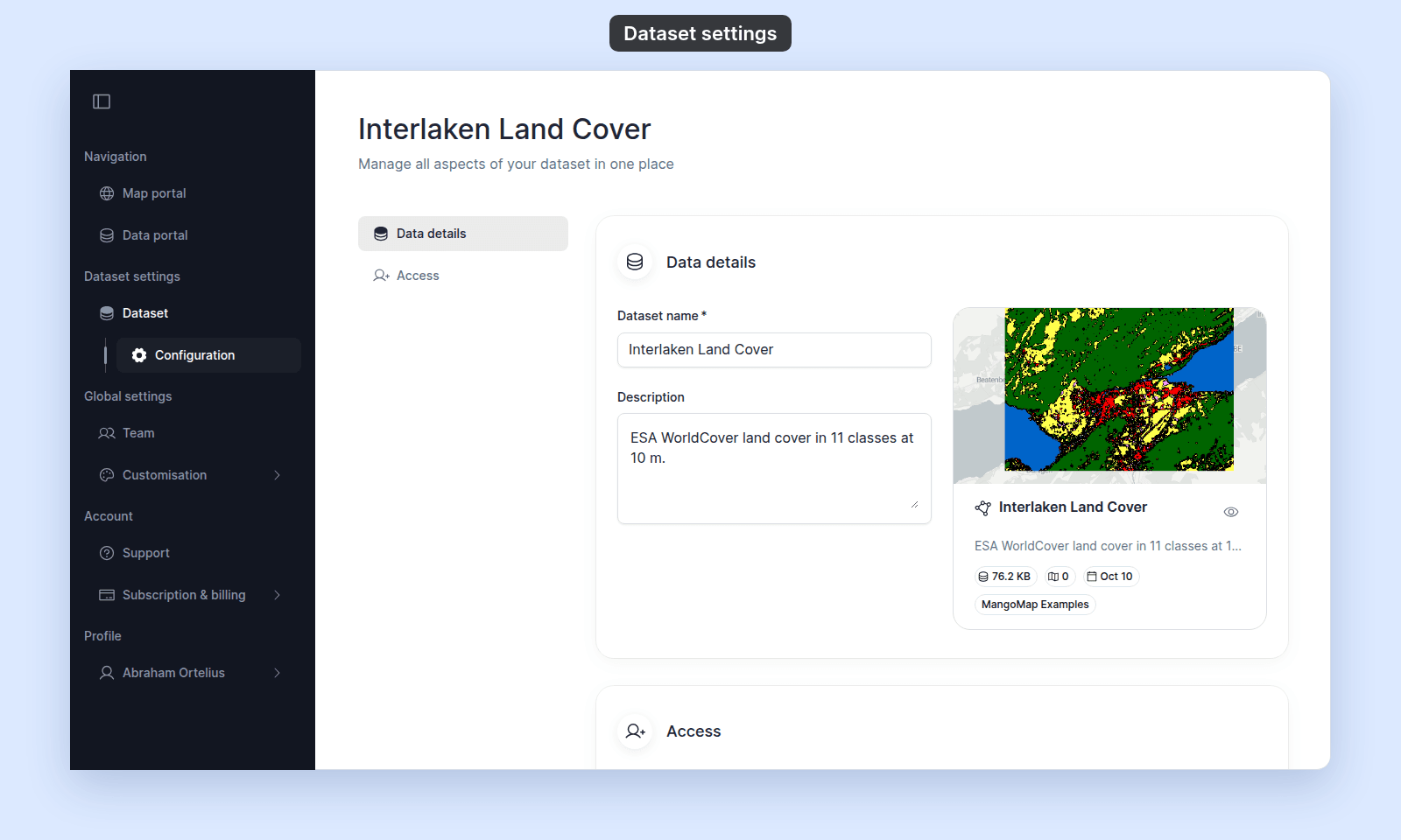 Settings page of the Interlaken Land Cover raster dataset: the side navigation lists only Data details and Access