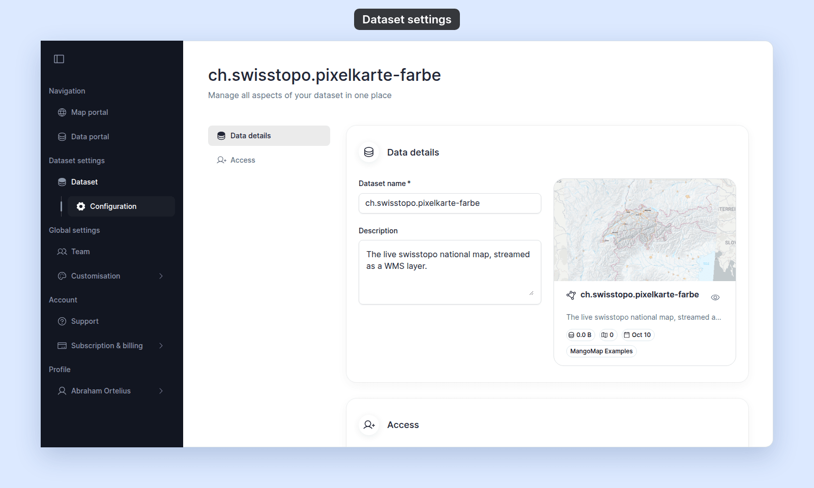 Settings page of the WMS dataset ch.swisstopo.pixelkarte-farbe: the side navigation lists only Data details and Access