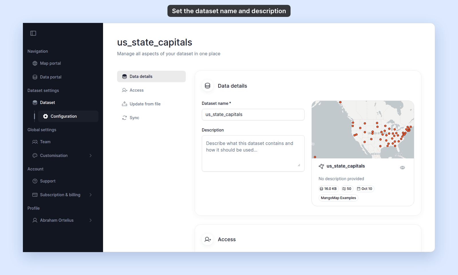 Data details of a dataset named us_state_capitals with an empty Description field, and the preview card showing us_state_capitals and No description provided