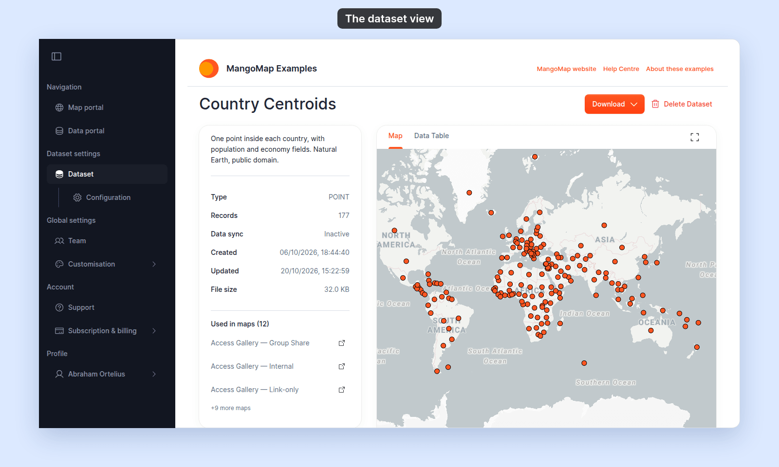 Dataset view of Country Centroids on the Map tab: Download and Delete Dataset at the top, the information card with the description, Type POINT, Records 177, Data sync Inactive, Created, Updated, File size 32.0 KB, and Used in maps (12) with three maps and +9 more maps, beside the point preview with the Map and Data Table tabs