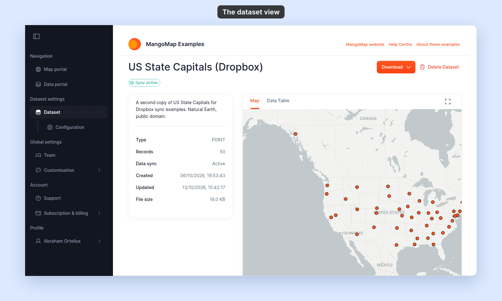 Dataset view of US State Capitals (Dropbox) with the Sync active badge under the name, and the information card with Type POINT, Records 50, Data sync Active, Created, Updated, and File size 16.0 KB, beside the point preview