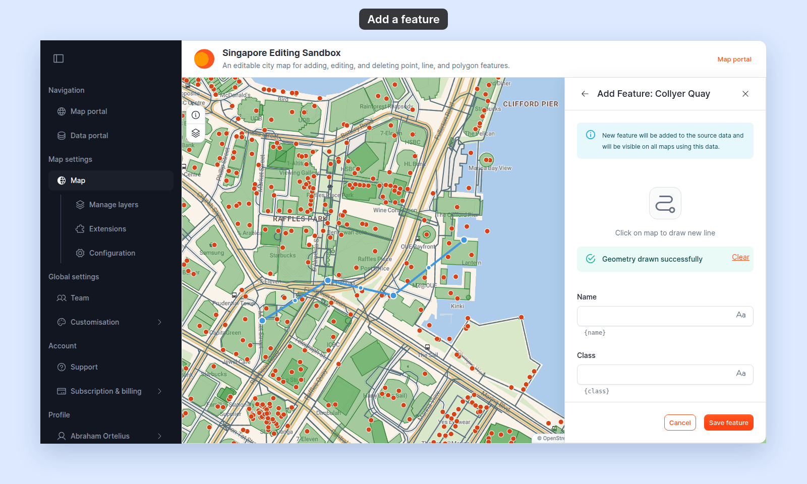 Add Feature: Collyer Quay panel after a new line was drawn on the map. The panel shows Click on map to draw new line, Geometry drawn successfully with a Clear link, empty Name and Class fields, and the Cancel and Save feature buttons. The new blue line on the map shows its vertex handles
