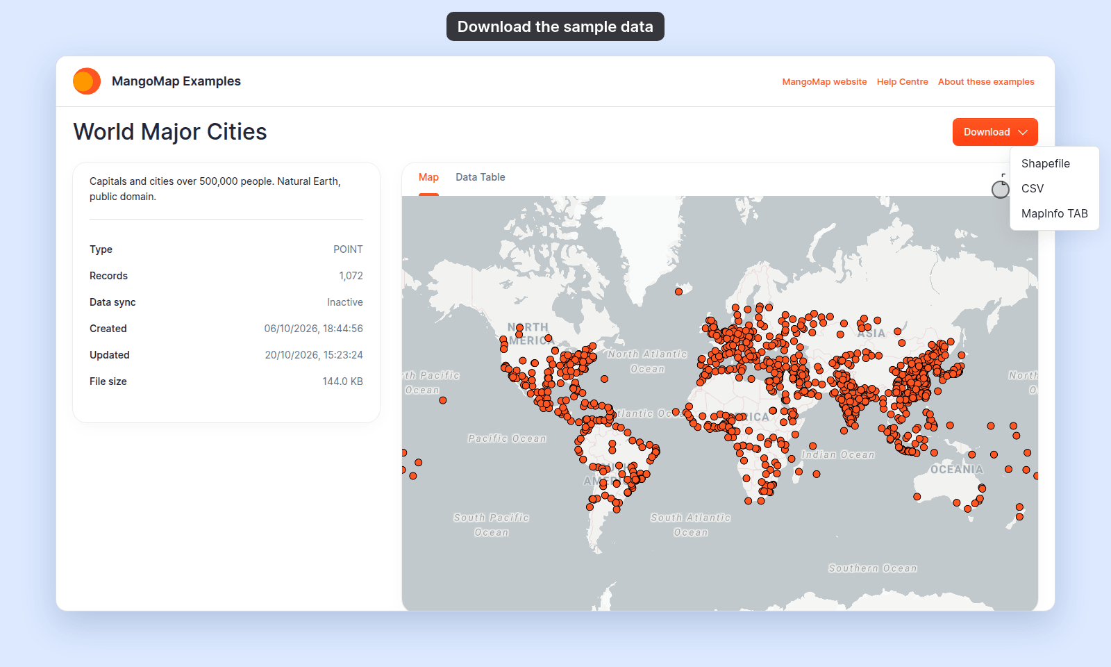 World Major Cities dataset page in the public Data portal, under the portal header with the MangoMap Examples logo and name, with the Download menu open listing Shapefile, CSV, and MapInfo TAB