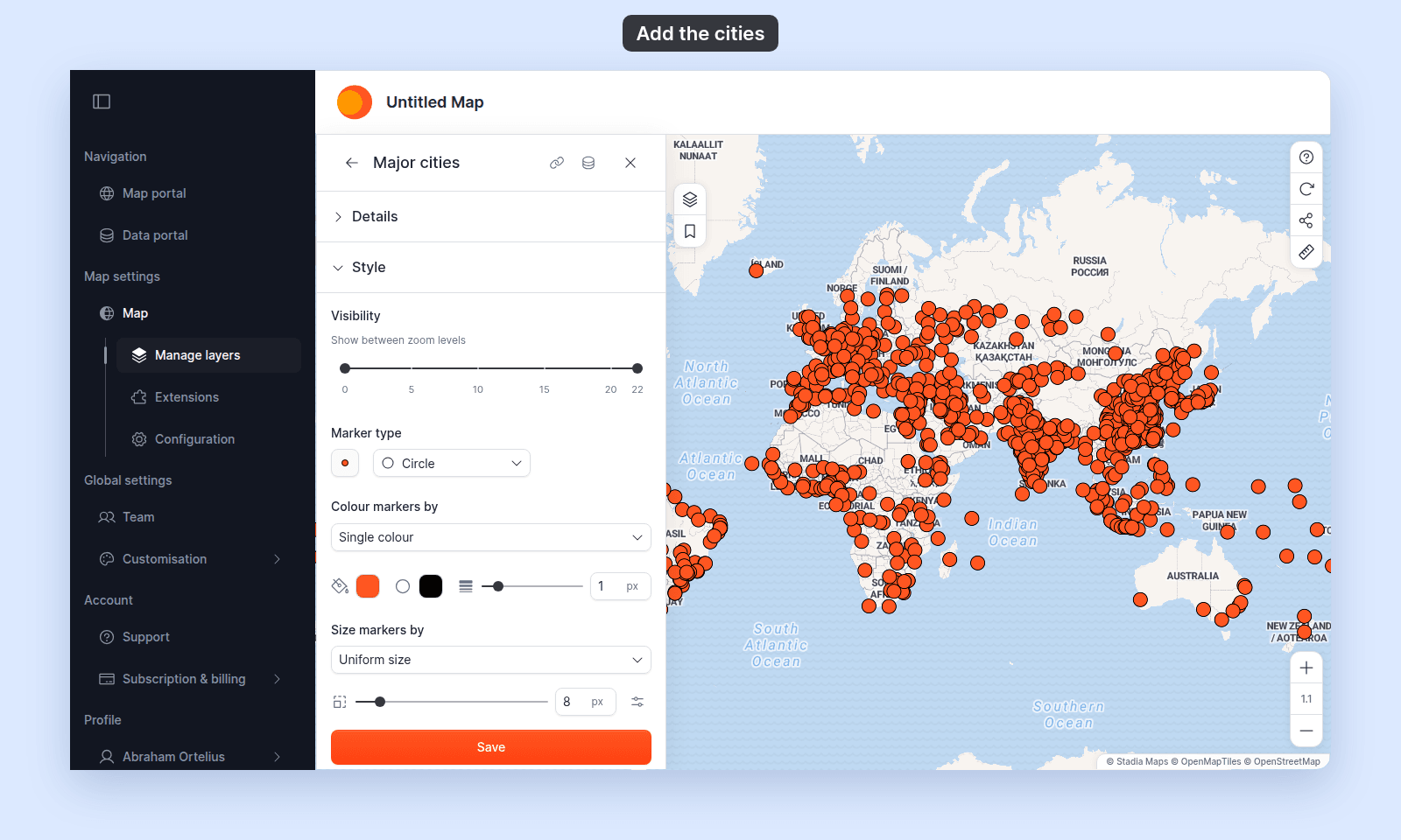 Major cities layer settings with the Style section open, Colour markers by Single colour, beside a world map of orange city markers