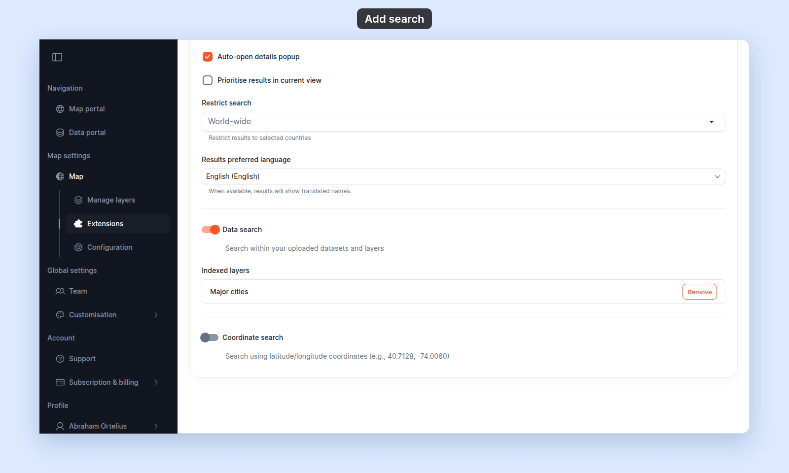 Search Settings with Data search turned on and Major cities under Indexed layers with a Remove button