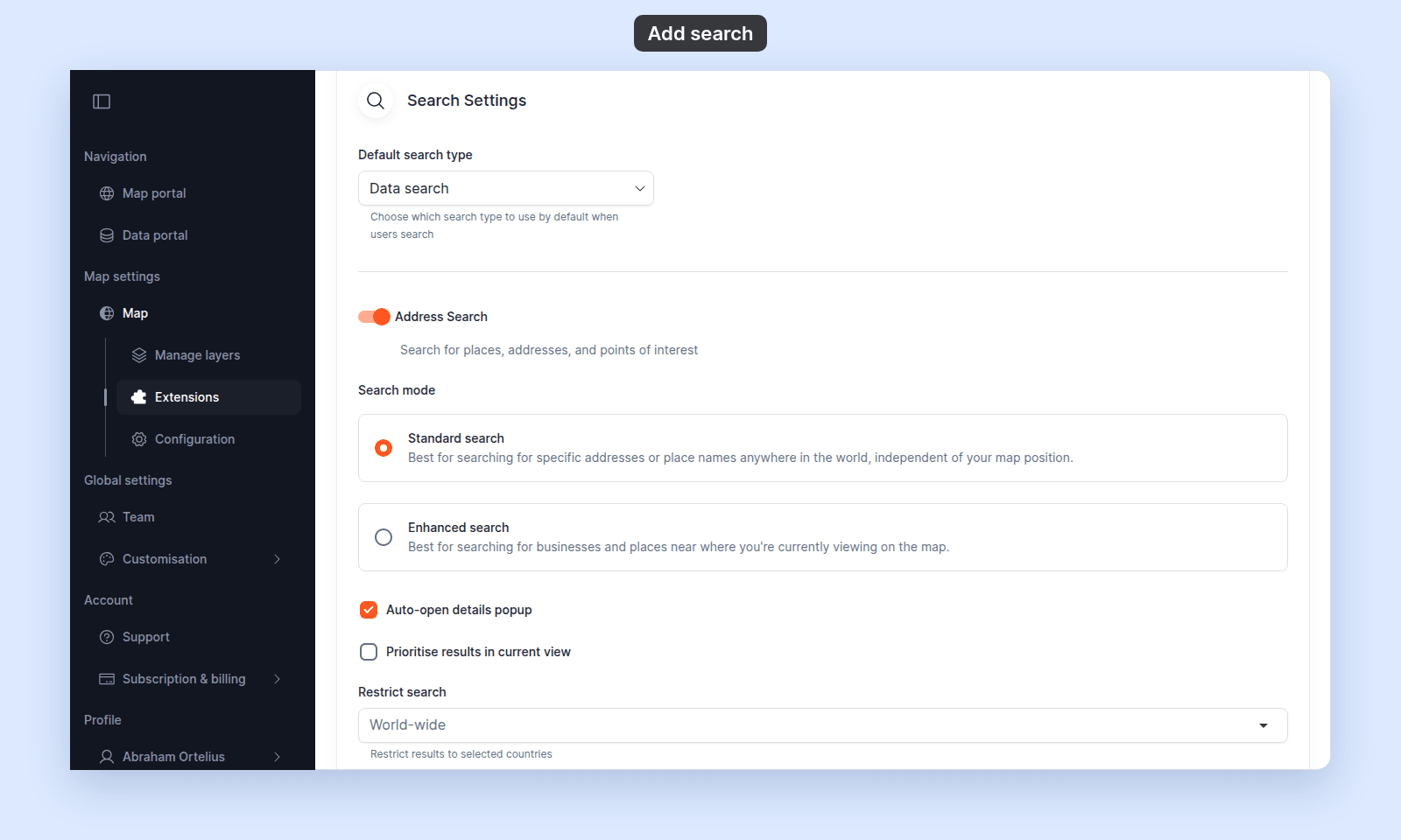 Search Settings with Default search type set to Data search, above the Address Search settings