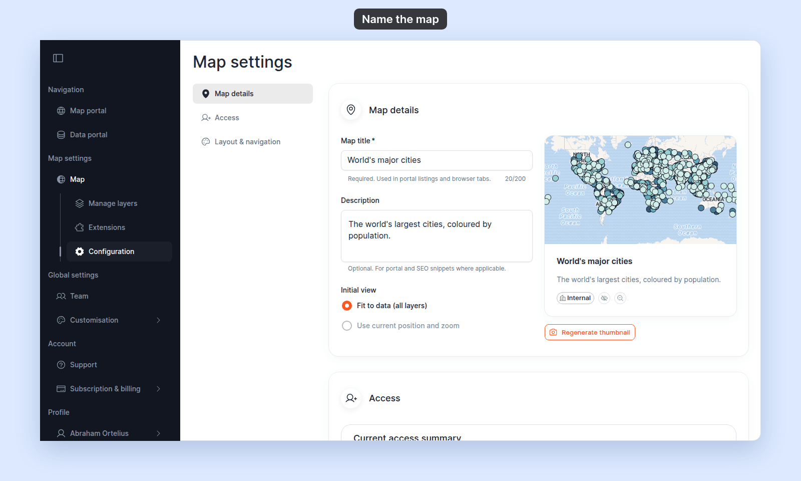 Map settings, Map details section with Map title World's major cities, the description, and a preview card