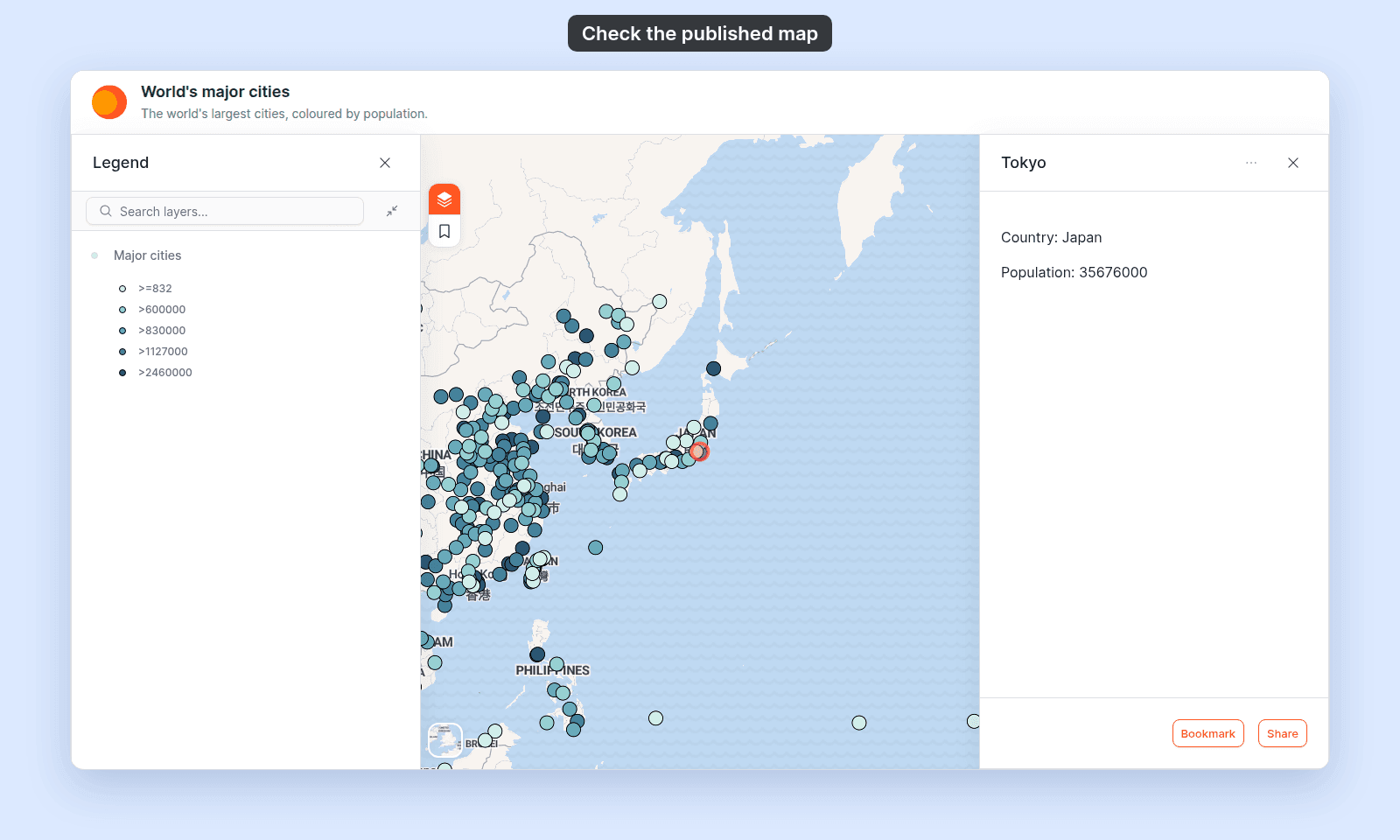 Published map World's major cities with the Legend showing five population classes and the Tokyo popup, on a map of East Asia