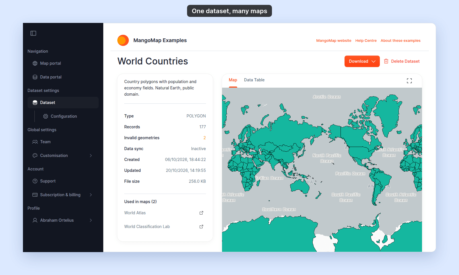 World Countries dataset page with Type POLYGON, Records 177, and Used in maps (2) listing World Atlas and World Classification Lab, beside a map preview of the data
