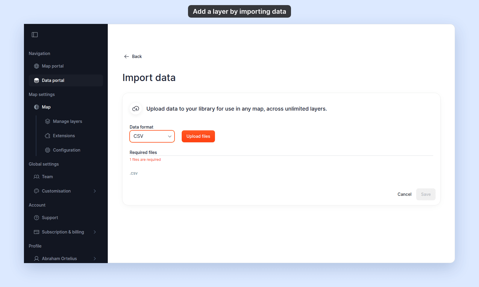 Import data page opened from the map, with Data format set to CSV and the empty drop zone with the Upload files button