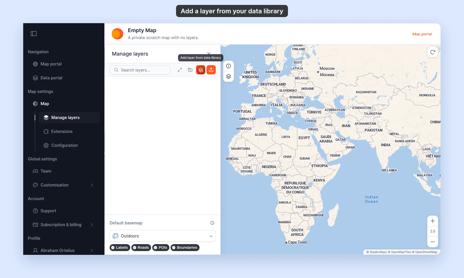 Manage layers panel of Empty Map with no layers, and the pointer on the stack-plus icon in the control bar with its tooltip Add layer from data library, next to the upload icon