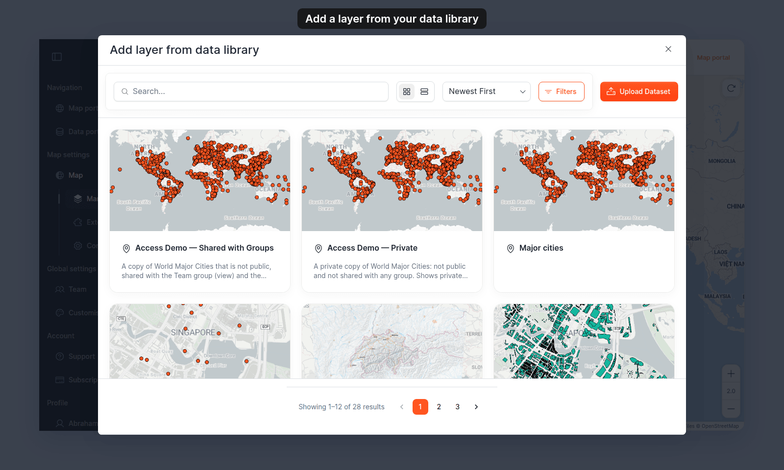 Add layer from data library modal with the Search box, card and list toggle, Newest First sort, Filters, and Upload Dataset button above dataset cards such as Access Demo — Private and Major cities, and Showing 1–12 of 28 results with page buttons 1, 2, 3