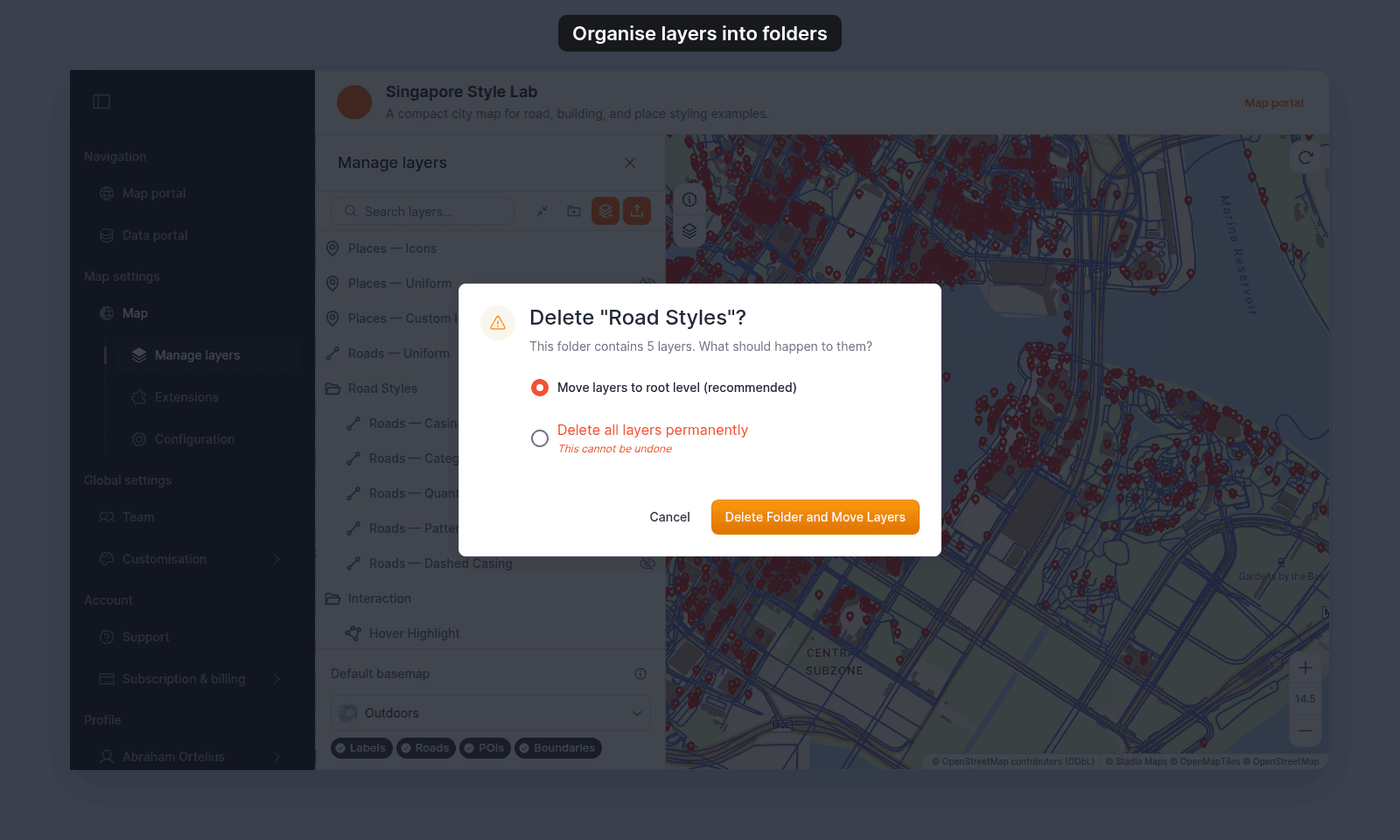 Delete "Road Styles"? dialog: This folder contains 5 layers. What should happen to them? Options Move layers to root level (recommended) and Delete all layers permanently (This cannot be undone), with Cancel and Delete Folder and Move Layers buttons