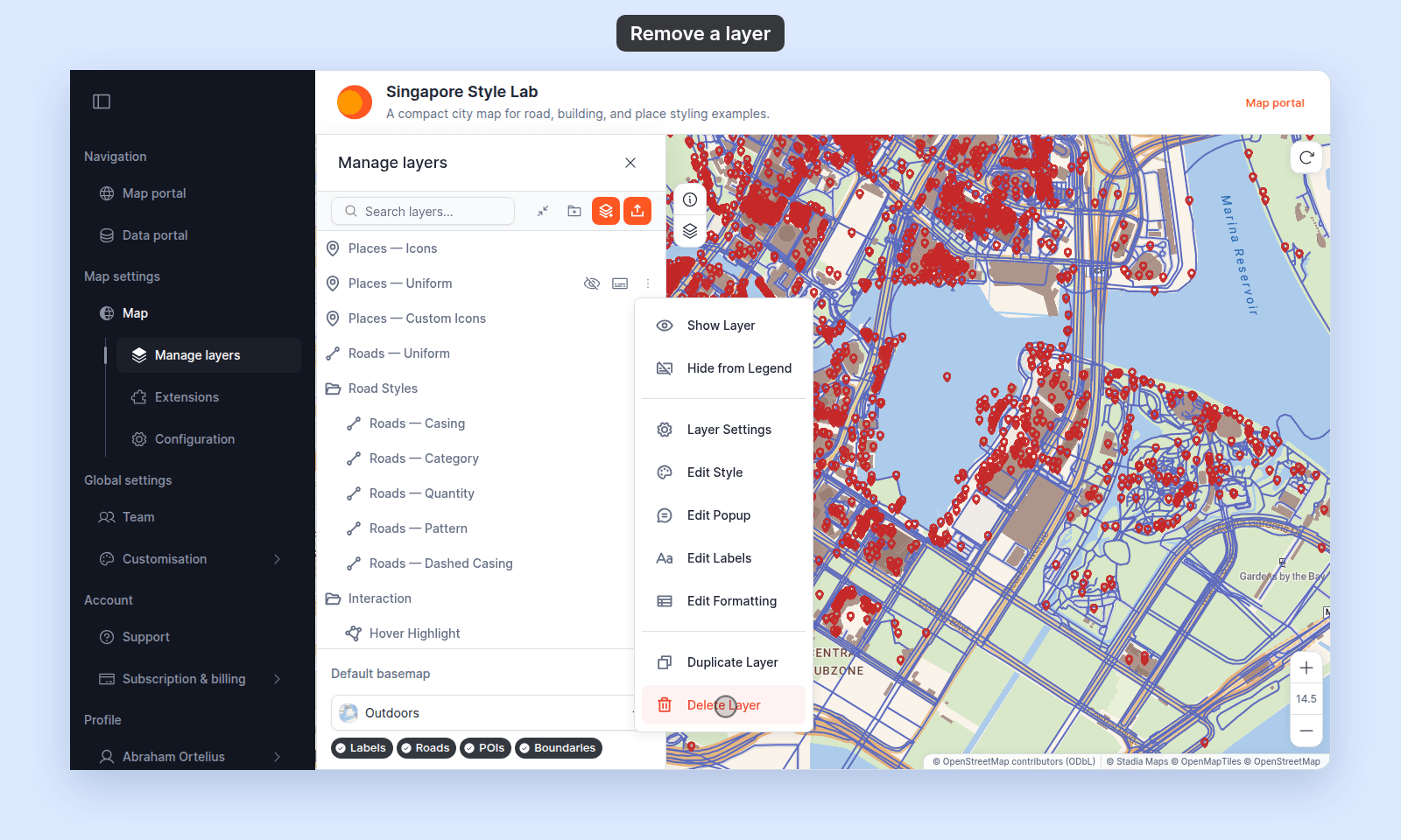 More actions menu of the Places — Uniform layer on Singapore Style Lab, with Delete Layer in red at the bottom, below Duplicate Layer
