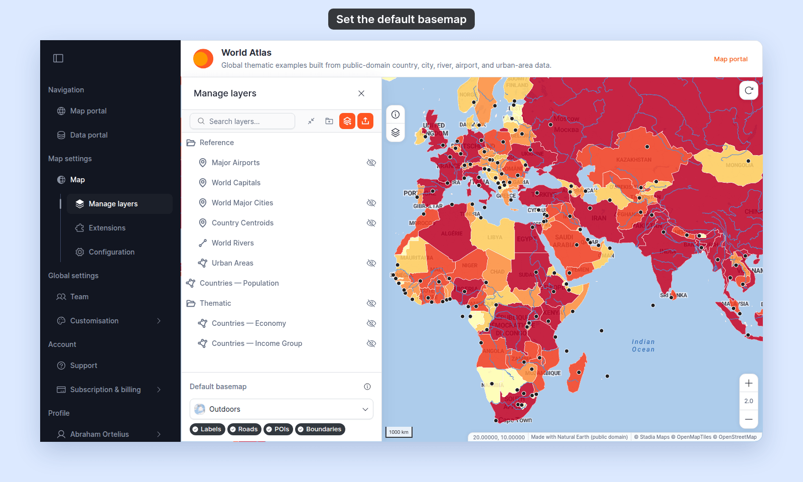 Manage layers panel on World Atlas with the Default basemap section at its foot: the Default basemap header and information icon, the Outdoors basemap dropdown, and the Labels, Roads, POIs, and Boundaries chips