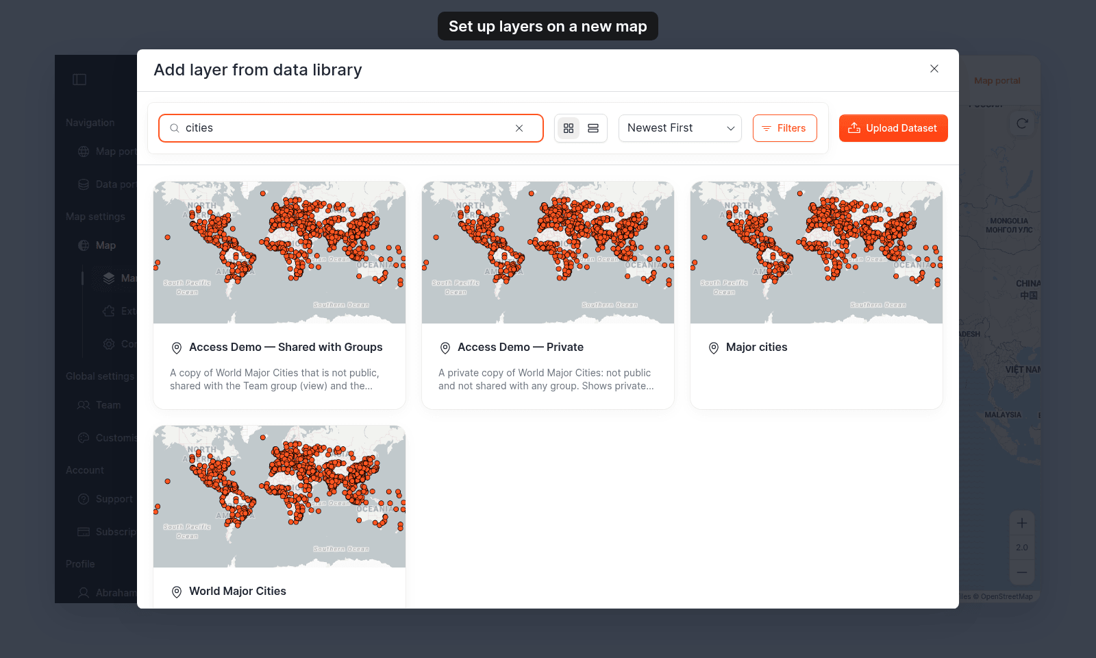 Add layer from data library modal searched for cities, showing four dataset cards: Access Demo — Shared with Groups, Access Demo — Private, Major cities, and World Major Cities