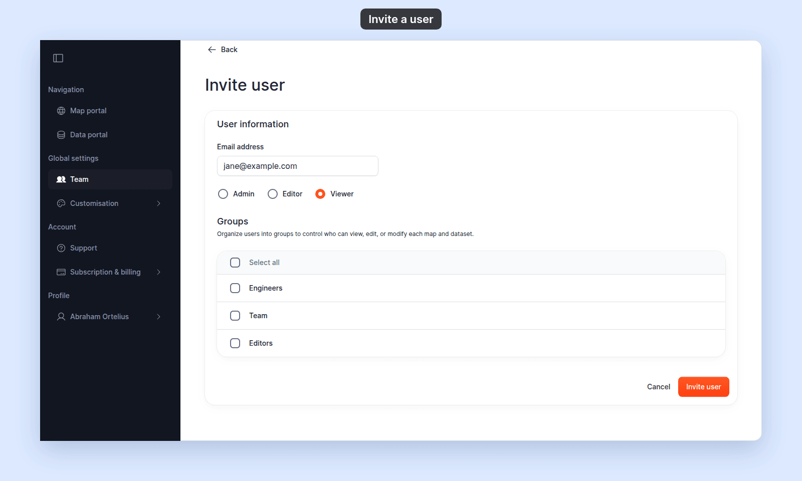 Invite user form with Email address jane@example.com and the Admin, Editor, and Viewer roles (Viewer selected) in User information, the Groups table with Select all and each access group, and the Cancel and Invite user buttons