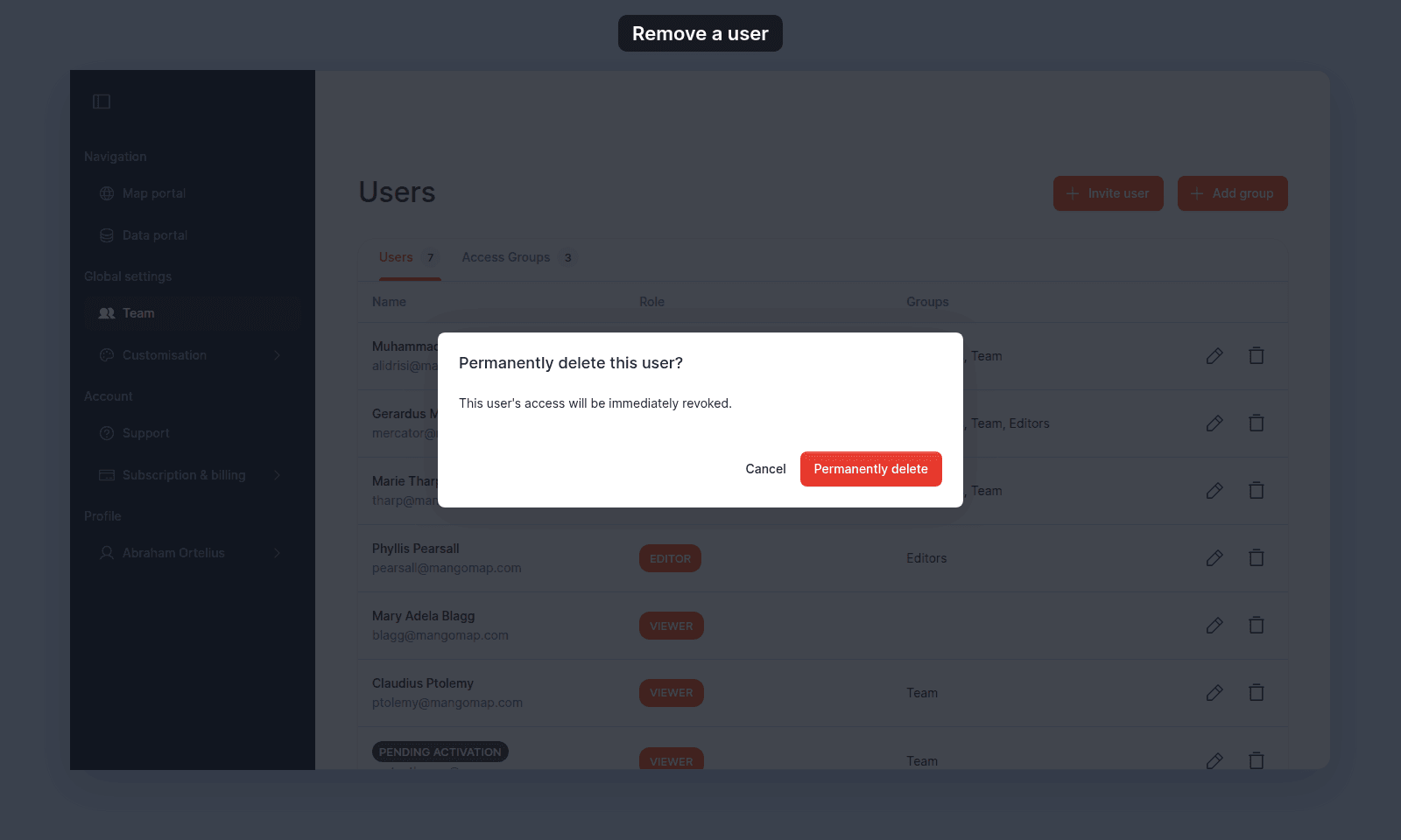 Permanently delete this user? dialog over the Users table, with the text This user's access will be immediately revoked, and the Cancel and Permanently delete buttons