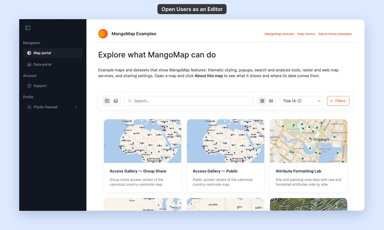 Map portal after an Editor, Phyllis Pearsall, opens the Users page address: the navigation shows Navigation (Map portal, Data portal), Account (Support), and Profile, with no Global settings section and no Team item