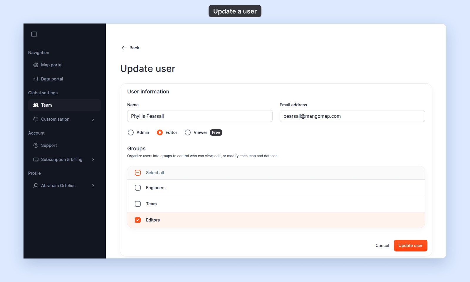 Update user form for Phyllis Pearsall: Name and Email address in User information, the Admin, Editor (selected), and Viewer roles with a Free chip on Viewer, the Groups table with Editors ticked and Engineers and Team not ticked, and the Cancel and Update user buttons