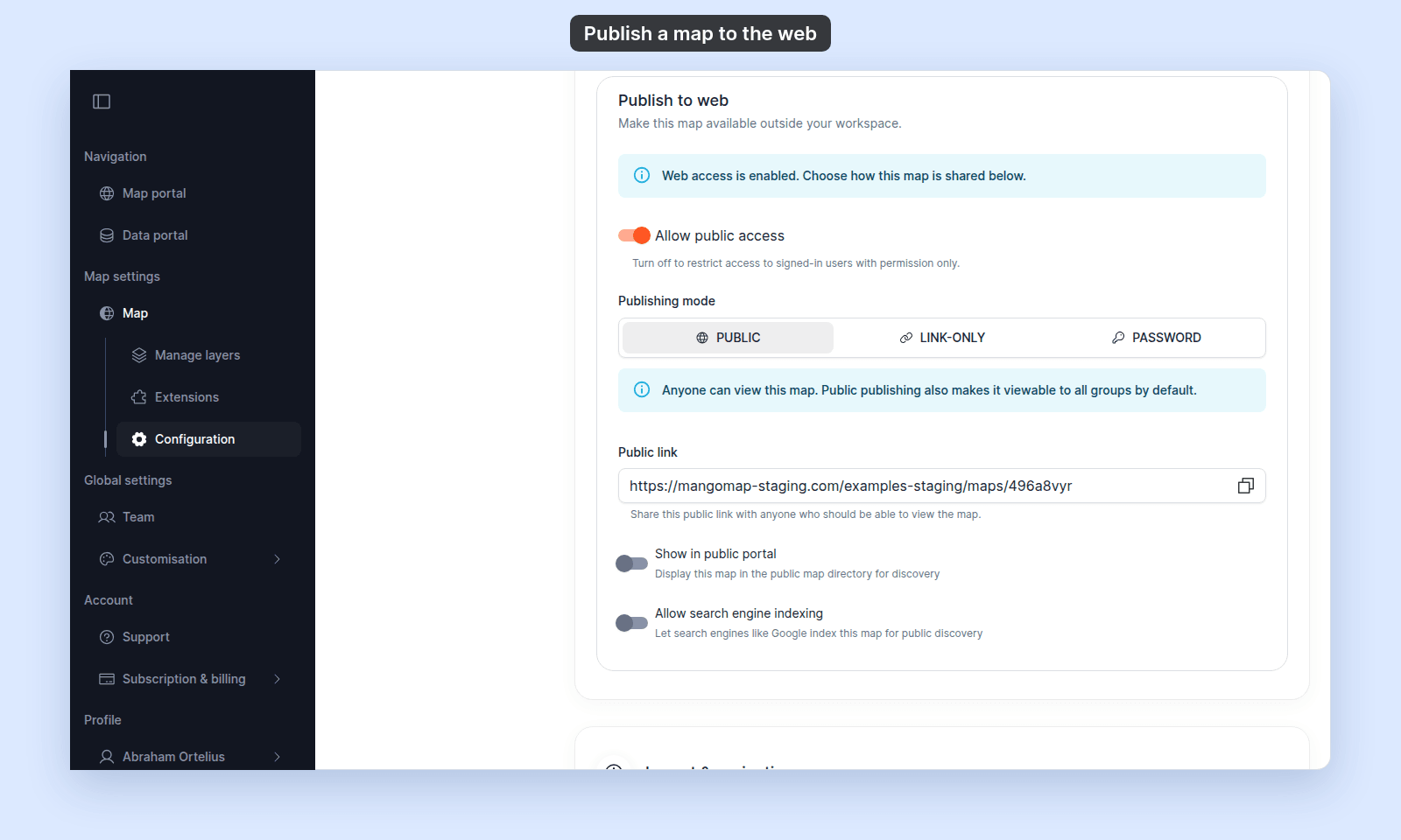 Publish to web card with Allow public access on, Publishing mode Public, the Public link, and Show in public portal and Allow search engine indexing both off