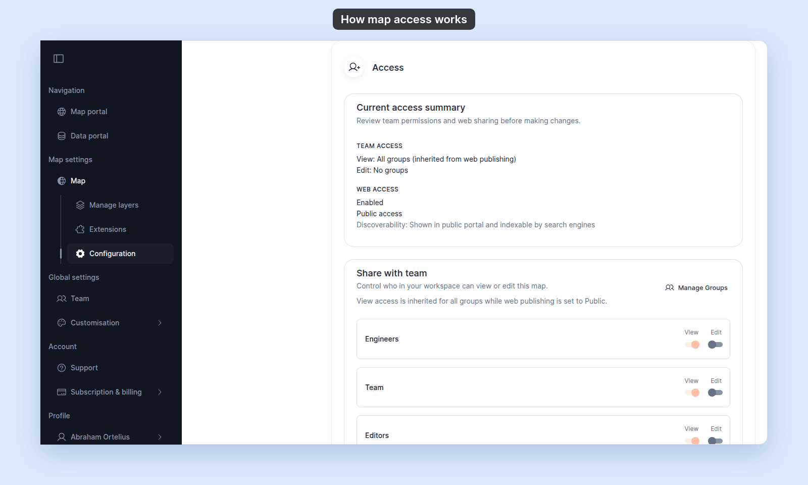 Current access summary of a Public map, with Team access View: All groups (inherited from web publishing) and Edit: No groups, and Web access Enabled, Public access, shown in public portal and indexable by search engines