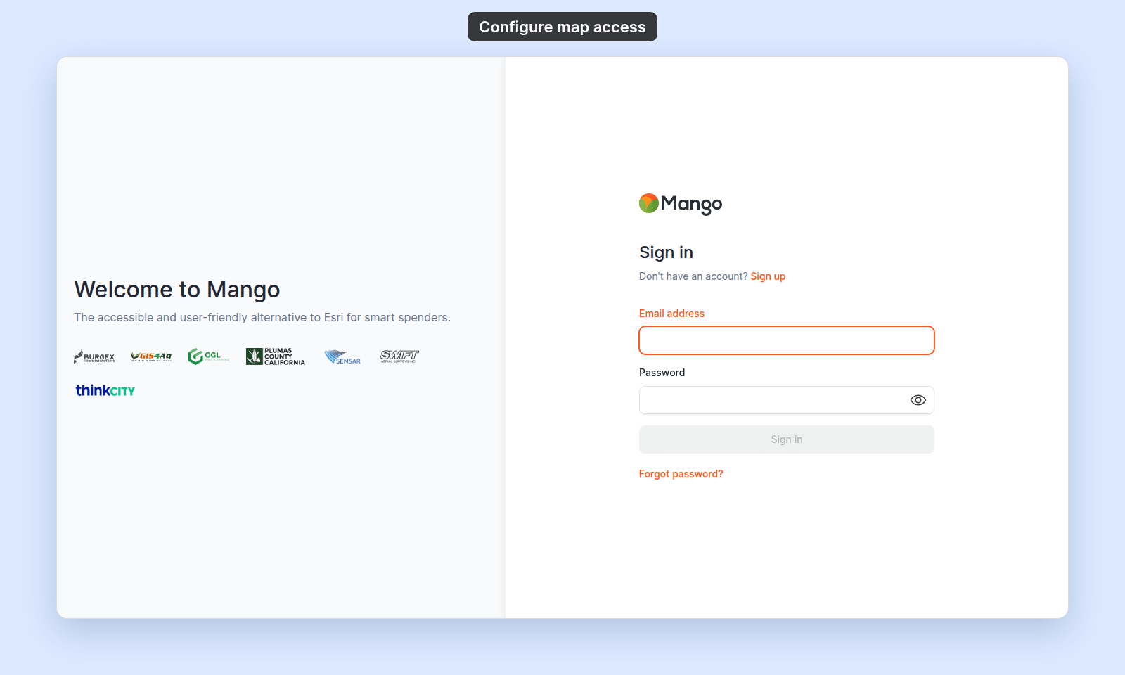 The MangoMap Sign in page, with Email address and Password fields, shown to a visitor who opens a map with Allow public access off