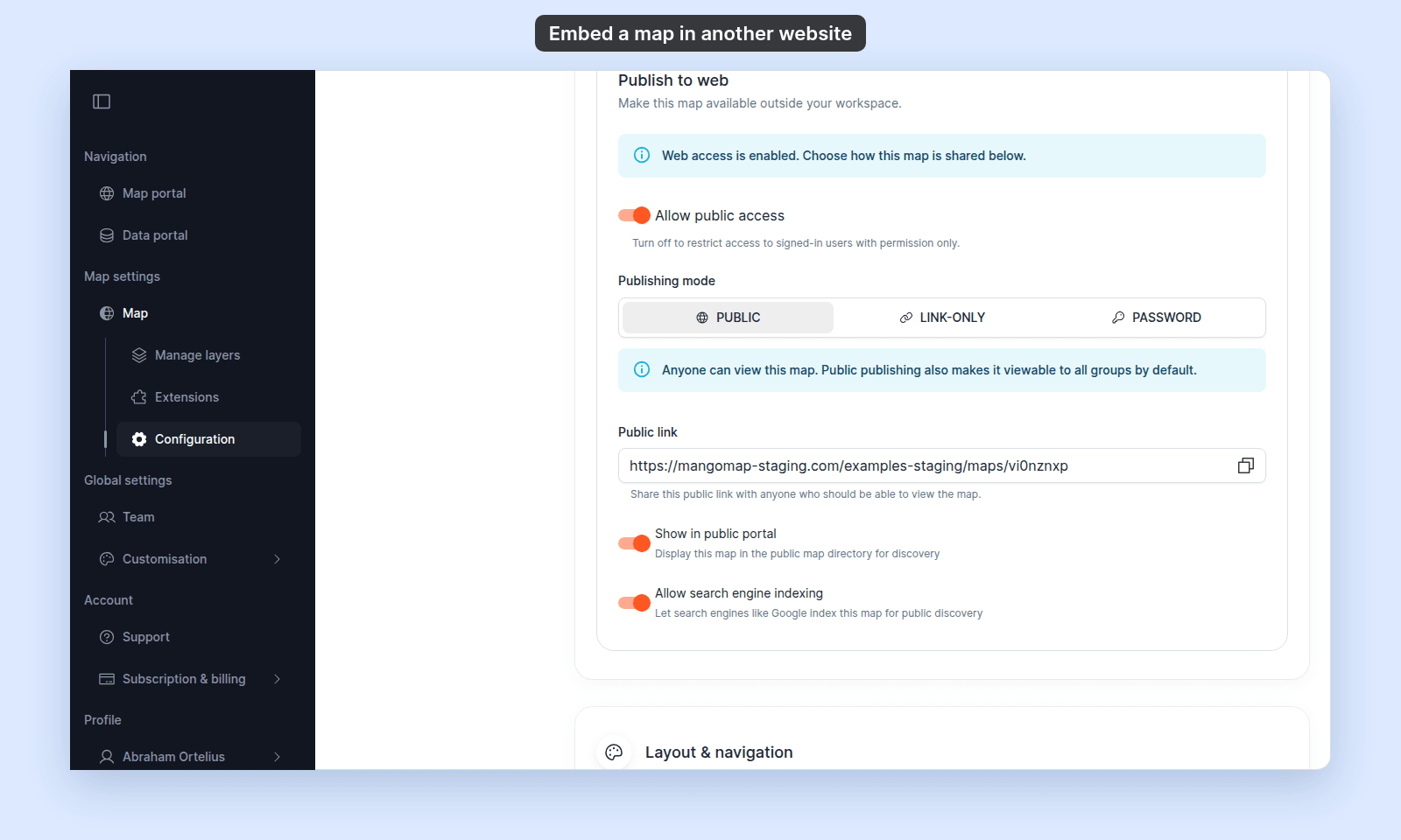 Publish to web in the Access section of Map settings, with Allow public access on, Publishing mode set to Public, the Public link field and its copy button, and the Show in public portal and Allow search engine indexing switches