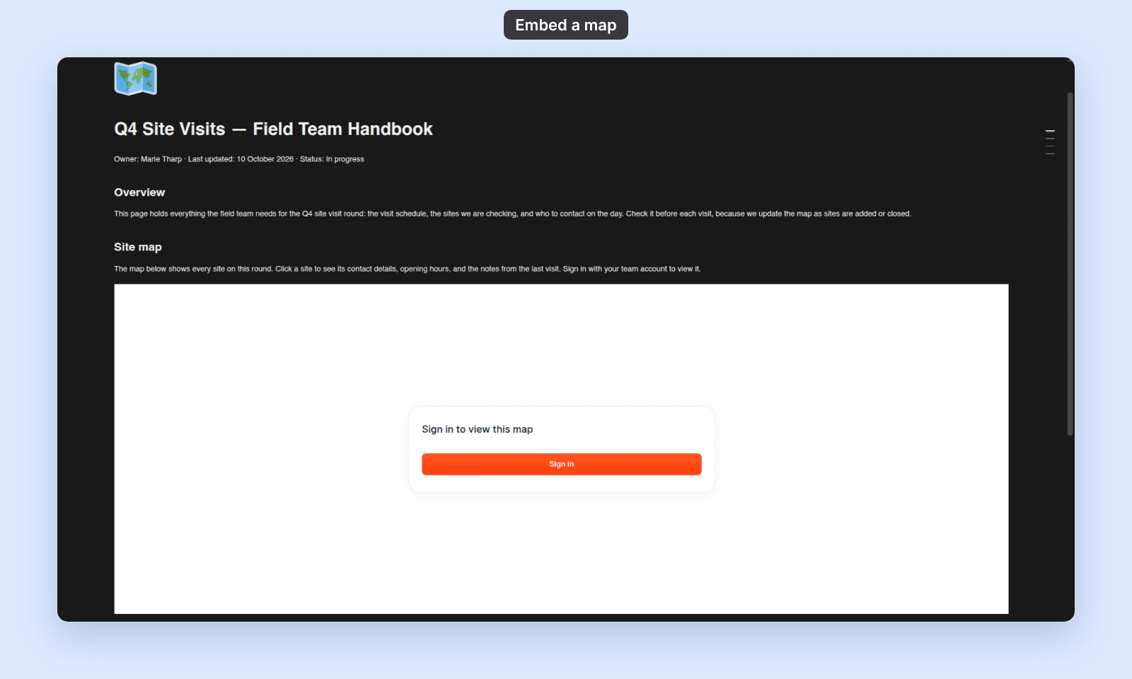 A Notion page titled Q4 Site Visits — Field Team Handbook with an embedded MangoMap frame that shows the Sign in to view this map panel and an orange Sign in button