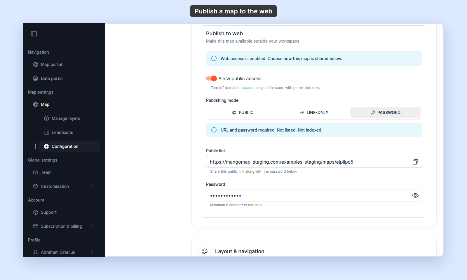 Publish to web with Publishing mode set to Password, the note URL and password required. Not listed. Not indexed., the Public link, and the masked Password field with its show button