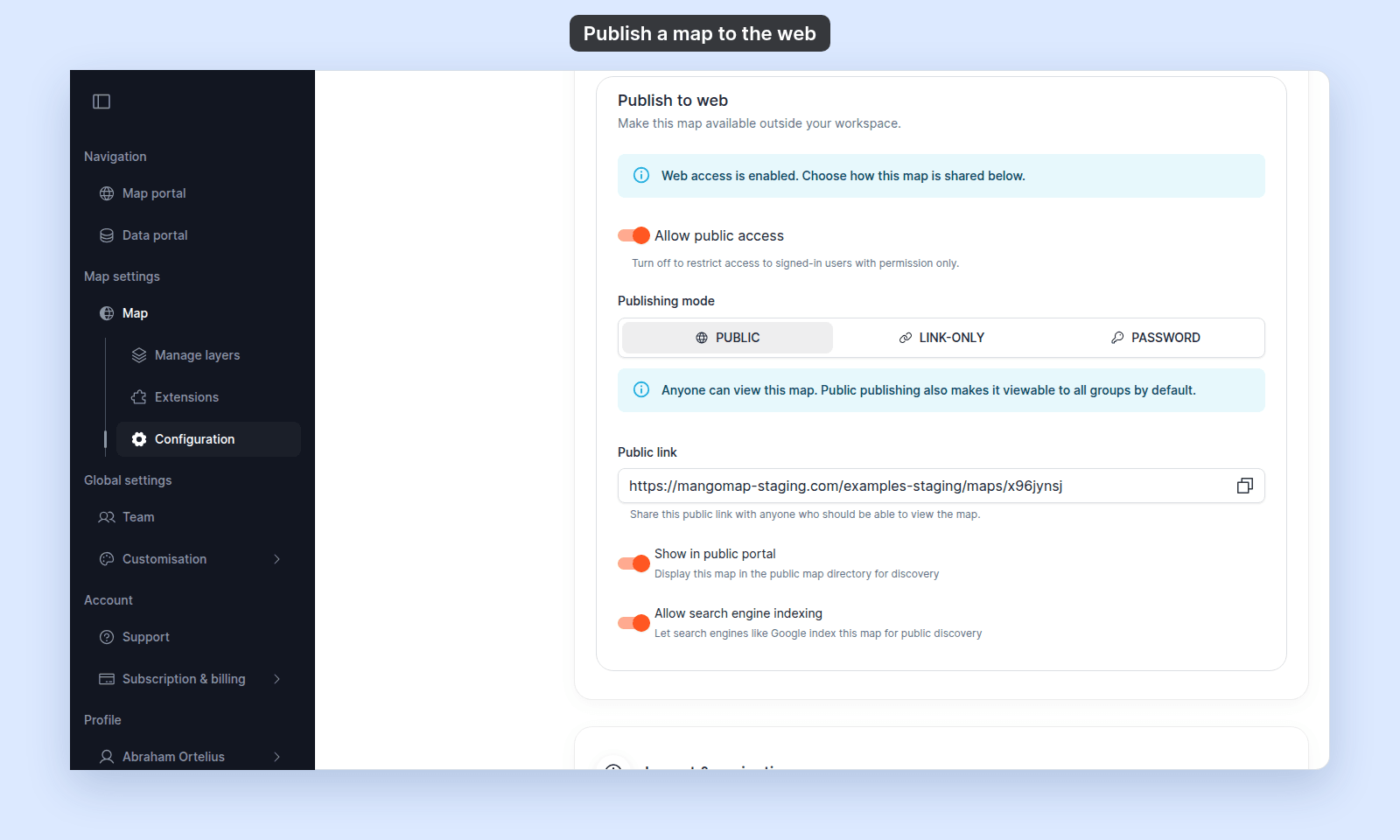 Publish to web with Allow public access on, Publishing mode set to Public, the Public link with its copy button, and Show in public portal and Allow search engine indexing on