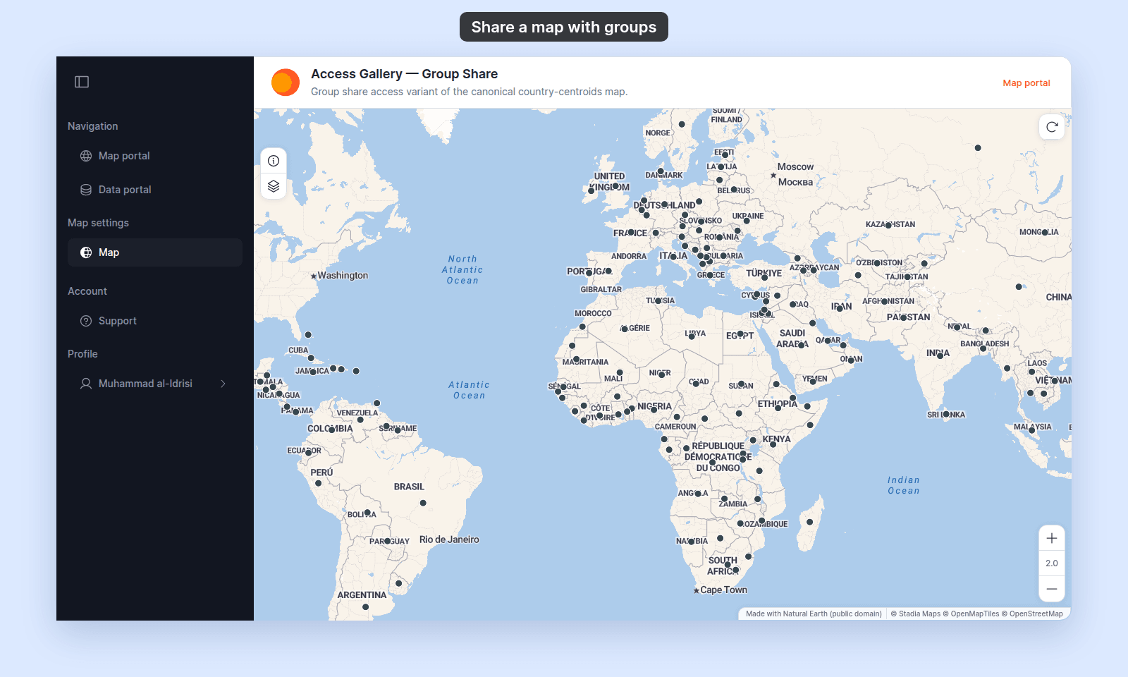 The Access Gallery — Group Share map opened by Muhammad al-Idrisi, with Map under Map settings in the sidebar and no Manage layers, Extensions, or Configuration items