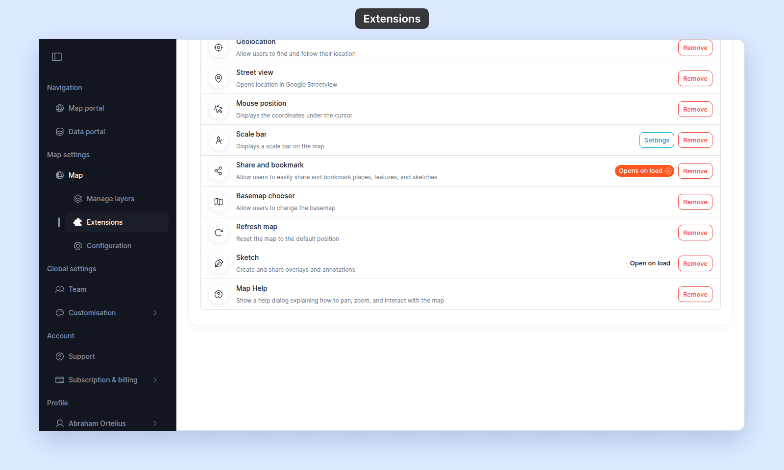 Lower rows of the Extensions page: Share and bookmark with the filled Opens on load chip, Sketch with the Open on load chip, and Settings and Remove buttons on the rows
