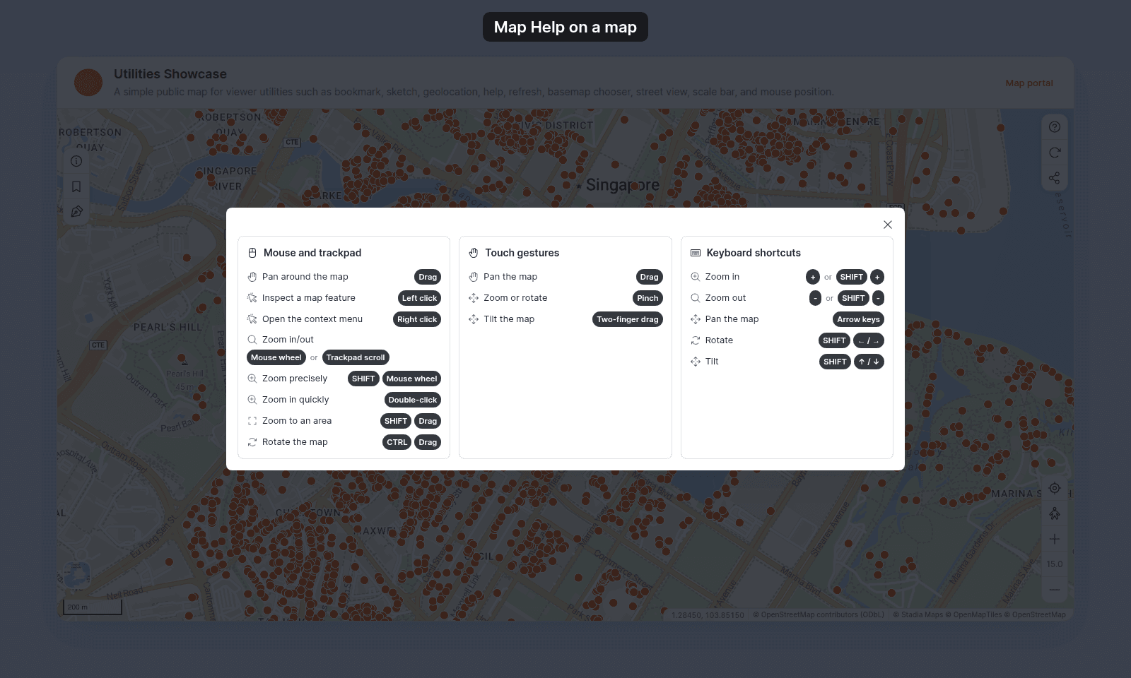 Map help dialog open over the map, with Mouse and trackpad, Touch gestures, and Keyboard shortcuts columns and a close button