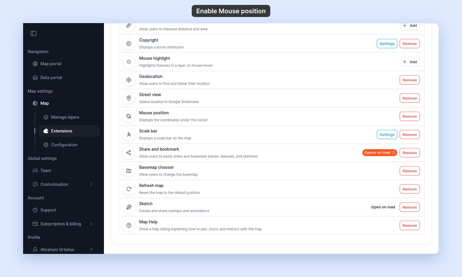 Extensions page with the Mouse position row showing its Remove button, between Street view and Scale bar