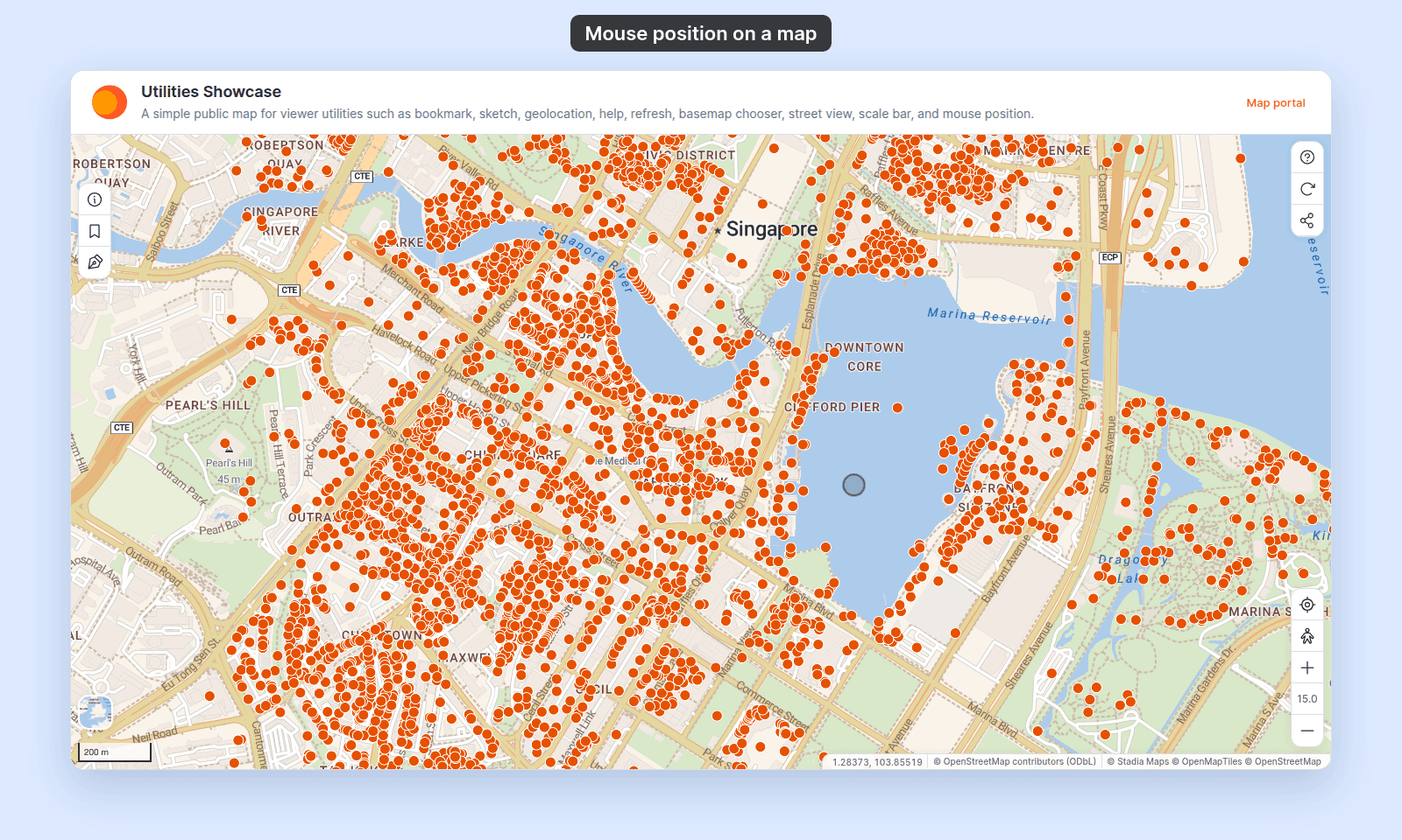 Map viewer with the pointer over Marina Bay and the coordinates 1.28373, 103.85519 at the bottom right of the map