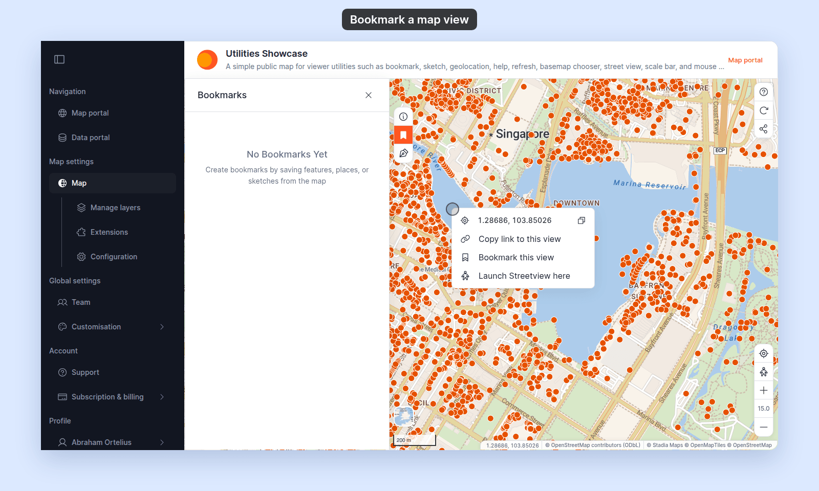 Map viewer, signed in, with the Bookmarks panel open and the right-click menu offering Copy link to this view, Bookmark this view, and Launch Streetview here