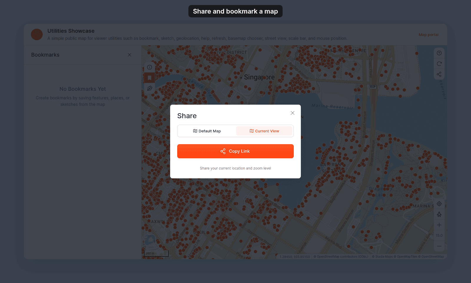 Share dialog over the map with the Default Map and Current View choices and the Copy Link button, and the Bookmarks panel open on the left