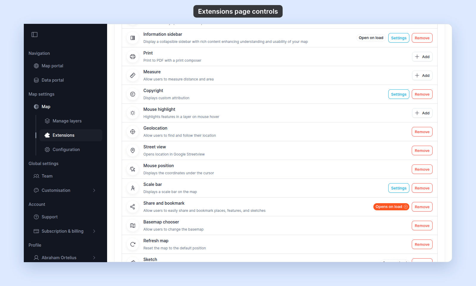 Extensions page rows with each control: Add on Print, Measure, and Mouse highlight; Settings and Remove on Copyright and Scale bar; Remove only on Geolocation; the Open on load chip on Information sidebar; and the filled Opens on load chip on Share and bookmark